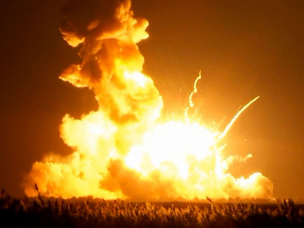 PHOTO: Orbital Sciences Corp.s unmanned rocket is seen blowing up over the launch complex at Wallops Island, Va., just six seconds after liftoff. 