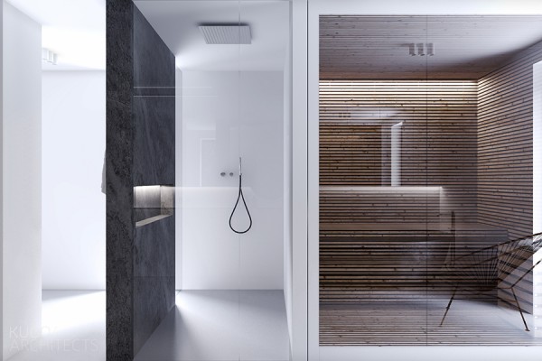 In the bathroom, white and natural wood bring a bit of warmth to the space.