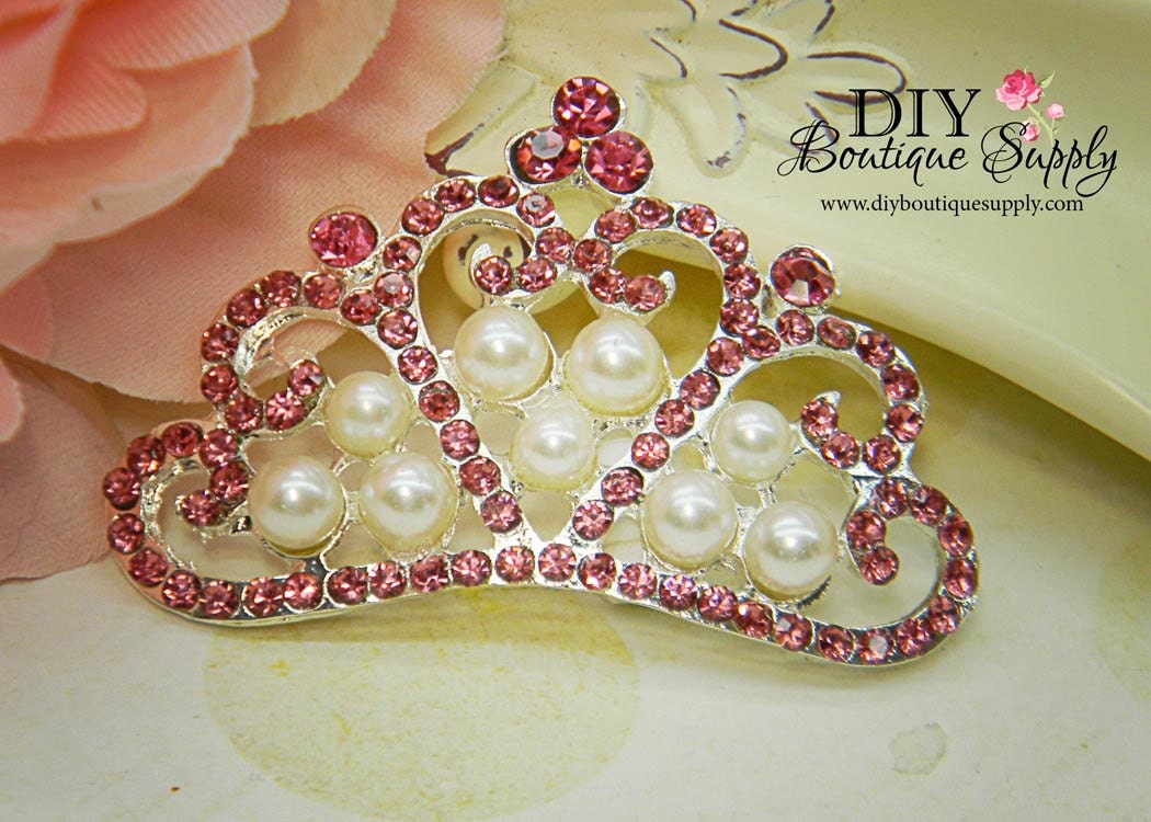 3 pcs Large Beautiful Pink Rhinestone Flatback Crown w/ Pearls Rhinestone Buttons Bow Headband Embellishment 53mm 260100