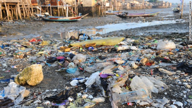 Trash lay scattered on Kenjeran Beach in Indonesia, in March 2014.