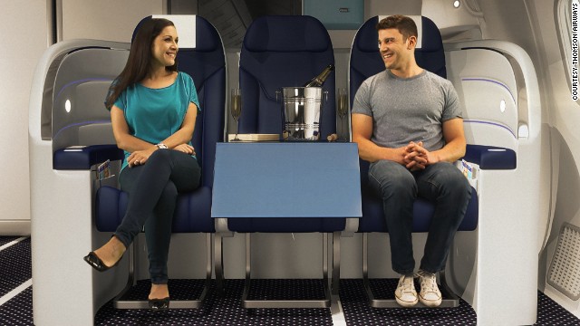 Thomson Airways' new couple pods features a table for champagne and mood lighting. 