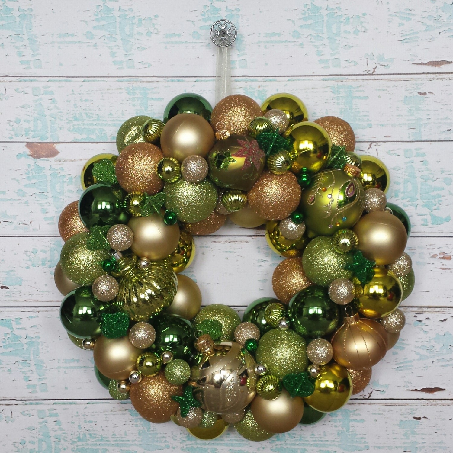Green and Gold Christmas Ornament Wreath - Olive Holiday Wreath - Christmas Decor