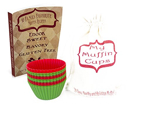 Silicone Muffin and Cupcake Baking Liners 12 Piece with 50 Recipe Ebook and Storage Bag in Red and Green