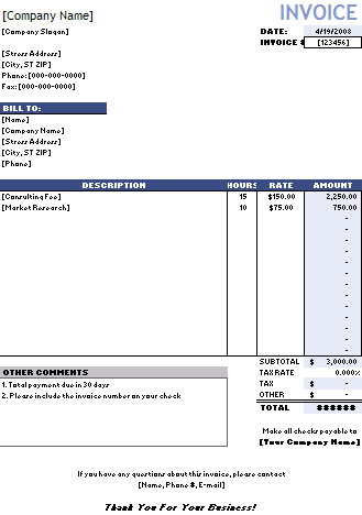 Service Invoice Template with Hourly Rate