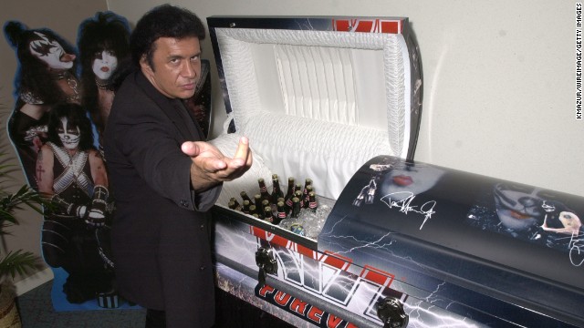 The band, especially Simmons, has shrewdly marketed KISS' image and logo, placing it on everything from action figures to, well, caskets. The <a href='http://ift.tt/1BnVux6'>KISS Kasket</a> sells for $5,000, comes in two different designs and is wildly popular among fans. Would you rather be cremated? Don't worry, there's a KISS urn as well. 