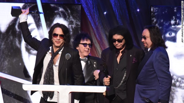 Earlier this year, 40 years after KISS' first album, the members of the band were inducted into the Rock and Roll Hall of Fame. Left to right, inductees Paul Stanley, Peter Criss, Gene Simmons and Ace Frehley celebrate at the induction ceremony in April.