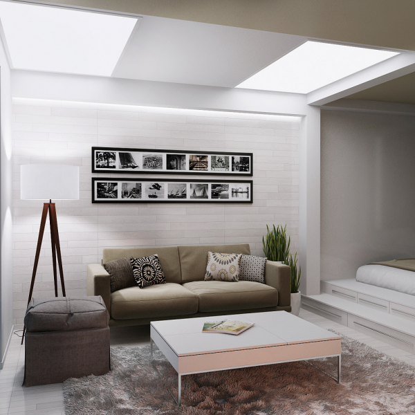 The fourth apartment was visualized by Yekaterina Volkova and comes in at 35 square meters (376 square feet). The space is quite functional, with plenty of natural sunlight coming in from skylights and very minimalist furnishings that refrain from bright colors or loud patterns.