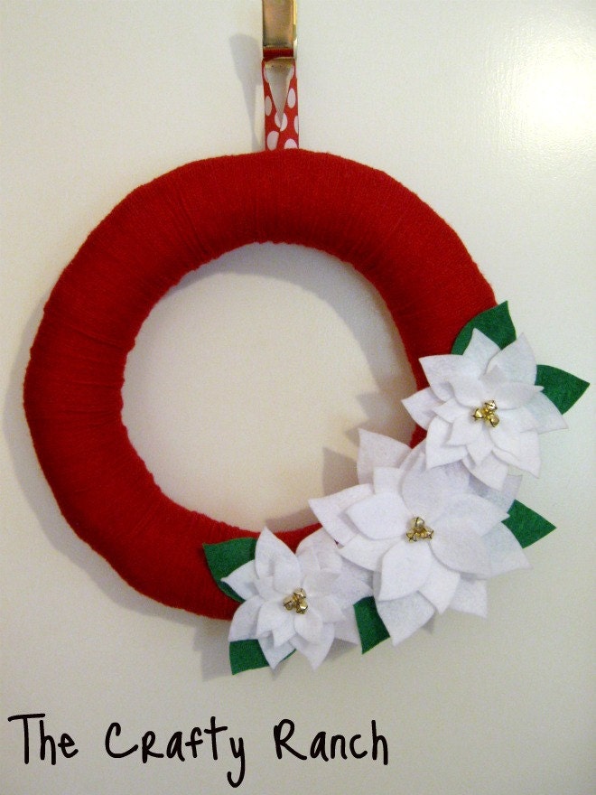White Poinsettias on Red Yarn Wreath - 14 inches
