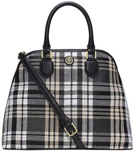 Tory Burch Robinson Plaid Open Dome Satchel in Black Women by...