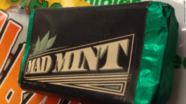 30 mg THC in this 'Mad Mint' candy. It's about the size of one Hershey mini candy bars. Each little bar has 3 doses of marijuana.