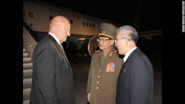 U.S. Director of National Intelligence James Clapper is greeted by North Korean officials after arriving in Pyongyang on Friday, November 7. 