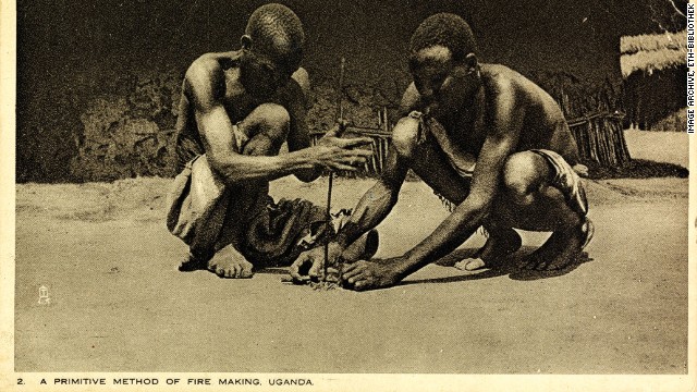 Sent just two years before Feller's death in 1931, this postcard shows two men in Uganda demonstrating, according to the caption, "a primitive method of fire making."