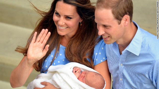 The Duke and Duchess of Cambridge depart St. Mary's Hospital in London with their newborn son on July 23, 2013. The boy was born at 4:24 p.m. a day earlier, weighing 8 pounds, 6 ounces.