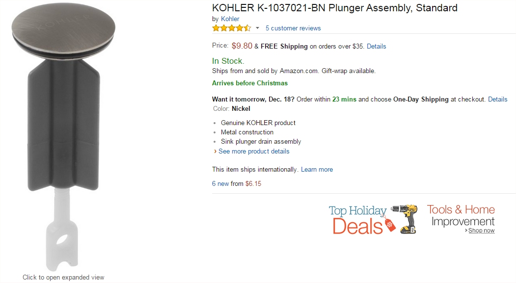 Kohler store, sink stopper, on Amazon.com