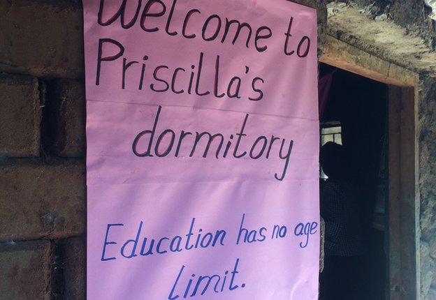 Sign outside Priscilla Sitienei's dormitory reading "Education has no age limit"
