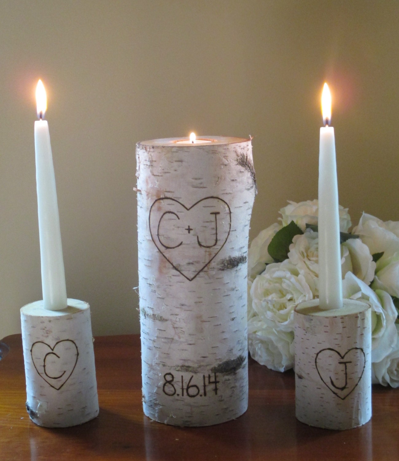 Personalized Birch Bark Unity Candle with Two Birch Candle Holders Rustic Wedding Date Centerpiece