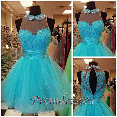 qpromdress: 2015 blue lace organza short prom dress