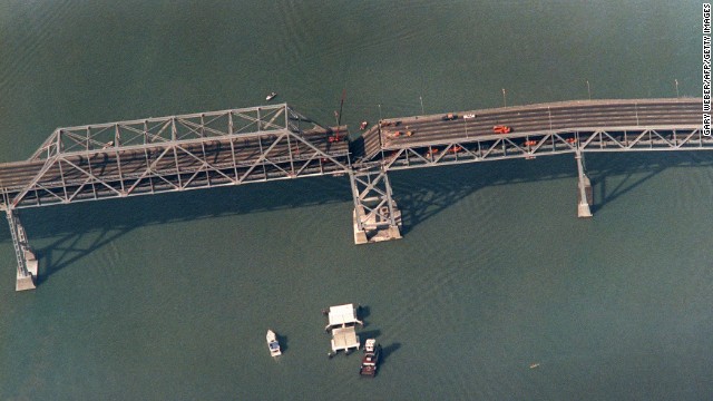 A collapsed portion of the San Francisco-Oakland Bay Bridge is seen on October 22, 1989.