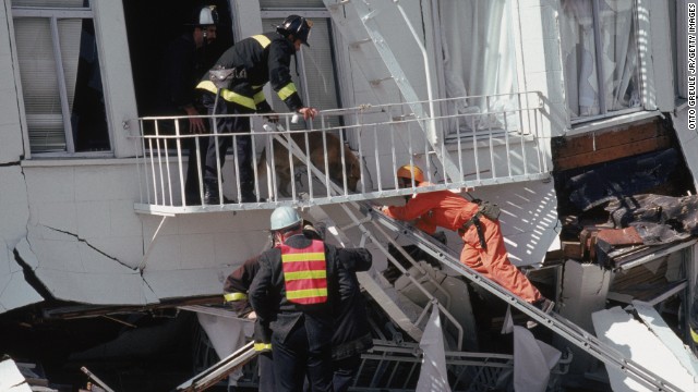 Rescue workers help a dog out of a damaged building in the Marina District.