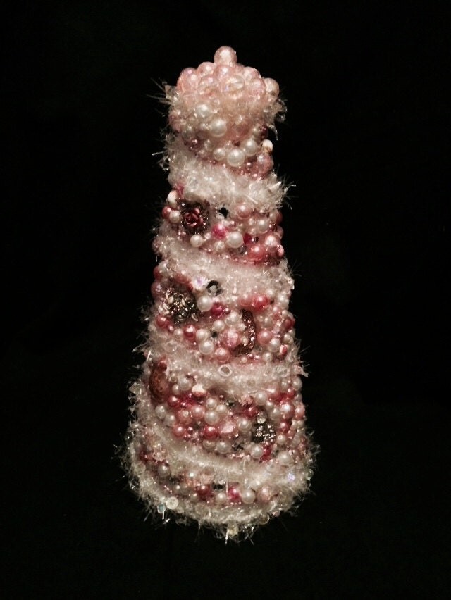 Handmade 10" tall vintage jewelry and pink and white beads decorated cone tree