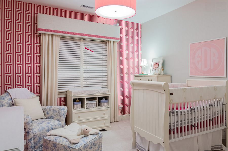 Fabulous use of pink wallpaper in the nursery [Design: Paige Designs]