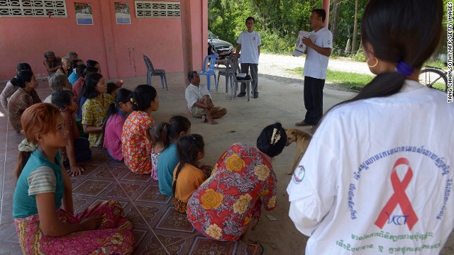 An NGO conducts a workshop with villagers in Takeo province, Cambodia on how to prevent HIV and other diseases in November 2013.