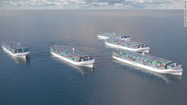 Engineering company Rolls-Royce has unveiled designs for unmanned cargo ships. The streamlined vessels would be operated by remote control onshore, requiring around 10 captains per 100 boats.