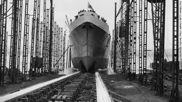 Cargo ships have come a long way from this hulking vessel, pictured easing down a slipway in Glasgow, Scotland, in 1945. "If you go maybe 150 years back, a normal cargo vessel had about 250 crew. And it's been reducing ever since -- now we are down to 12 or 15," said Levander. 