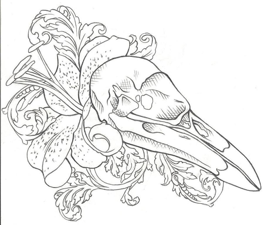 Raven Skull Tattoo Design by jinx2304