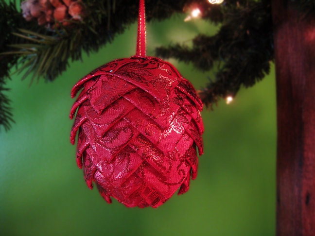 Ribbon Christmas Ornament- Red Satin with foil vines- Christmas Decoration- Ribbon Pine cone ornament