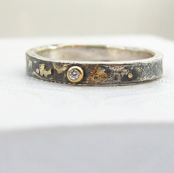 Tiny Diamond Oxidised Silver and Gold Ring, £125