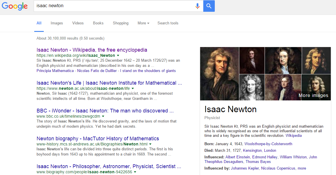 A screenshot of Google search results for 'Isaac Newton', which show Wikipedia as the top search result, but also display a brief biography drawn from Wikipedia on the right hand side, giving information on his occupation, birth and death dates, and influences.