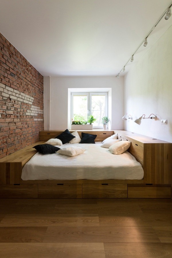 With such an exciting home, it makes sense for the grown-up bedroom to serve as a tranquil retreat. Natural materials and exposed brick have a certain soothing organic charm. The bed contains an abundance of storage to help the room stay neat and tidy.