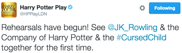 According to the official Twitter account of Harry Potter and the Cursed Child, the eighth Harry Potter story has officially started rehearsals.
