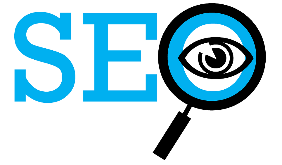 A blue and black graphic composed of the letters SEO, where the O is enclosed in a magnifying glass with an eye in the centre.