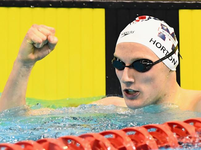 Mack Horton celebrates winning the 400m freestyle final the Australian Olympic trials in Adelaide on Thursday night.
