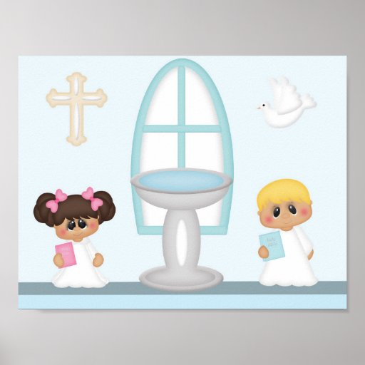 Baptism Boy Girl Bible Pink Blue Cross Poster