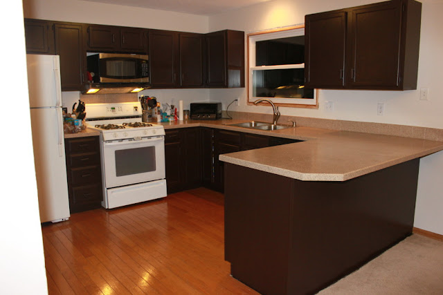 dark brown painted kitchen cabinets with white wall colors