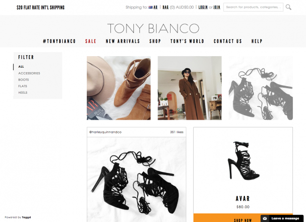 Auch im Shop Tony Bianco lassen sich Produkte von Instagram direkt kaufen. Zudem werden die Bilder auch noch auf der Produktdetailseite angezeigt.
