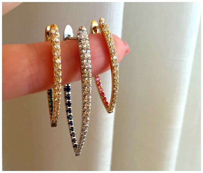 I absolutely love these angular Melissa Kaye hoop earrings - diamond on the front, colored gemstones on the inside. Such a cool look.
