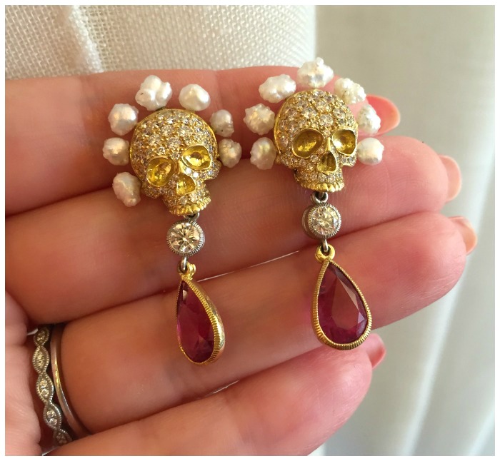Crazy beautiful earrings by Anthony Lent! Diamond and gold skulls with pearl hair, suspending diamonds and gemstone drops.