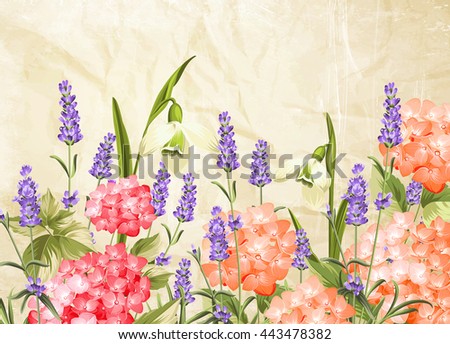 Wreath of lavender flowers in watercolor paint style. The lavender elegant card with frame of flowers and text. Lavender garland for your text presentation. Vector illustration.