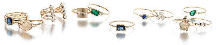 Rings by Jennie Kwon - all sorts, in rose and yellow gold, some with diamonds and gemstones. Perfect for layering!