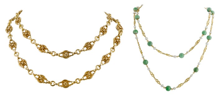An Art Nouveau gold chain from 1890 and an Arts and Crafts chain with pearls and jade from 1910. At M. Khordipour.