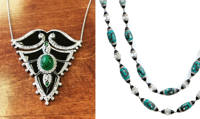 Two beautiful Art Deco era necklaces from M. Khordipour. Both have onyx and diamonds in platinum, one with an emerald and the other with turquoise beads.