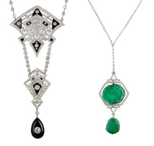 Two long Art Deco era necklaces, one with diamonds and onyx and one with diamonds and emeralds. From M. Khordipour.