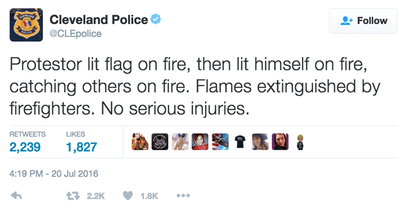 funny fail image Cleveland Police report protestor lit american flag and self on fire
