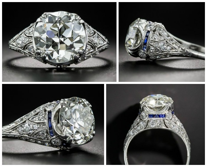 A spectacular 3.10 ct diamond Art Deco engagement ring with calibre sapphires. I love antique engagement rings.