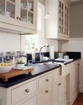 A kitchen with stock white cabinets