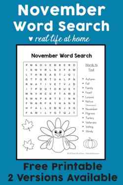 This free November Word Search Printable for Kids is perfect for a class party, Thanksgiving party, or fall party. This free instant download word search puzzle features November terms and some coloring areas. | Real Life at Home